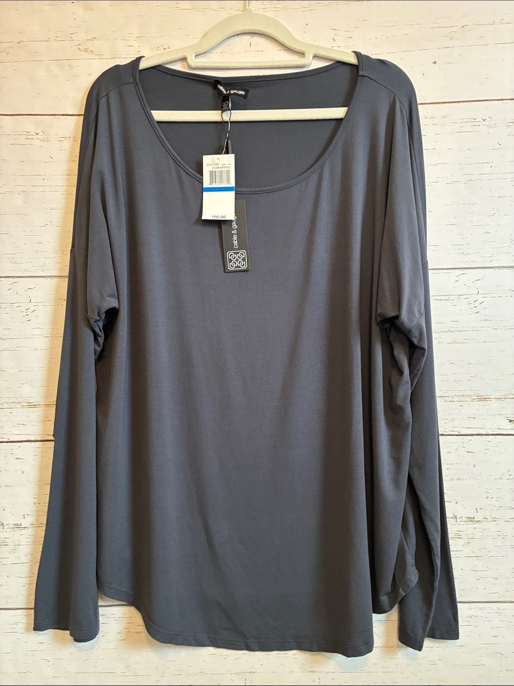 Cable & Gauge Scoop Neck Long Sleeved Charcoal Gray Top, size XL, NWT
